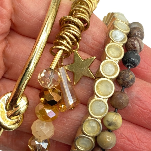 Bracelets Bundle Of 5 Gold Tone Rhinestone Cross Bangle Stretch Boho Style - Picture 7 of 7